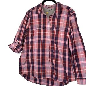 Eddie Bauer TraveX Shirt Women L Purple Plaid Nylon Hiking Outdoor Roll Tab Camp